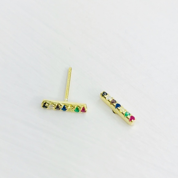 Rainbow CZ Bar Stud Earrings - Picture 7 of 8